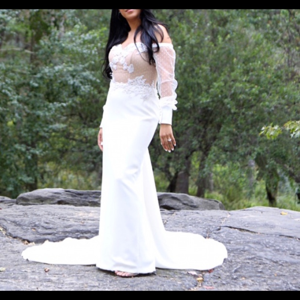 White long sleeve off the shoulder dress